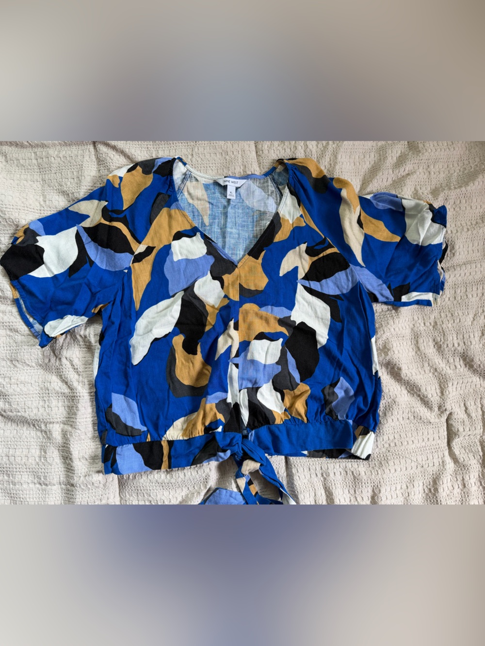 Nine West Blue Abstract V-Neck Blouse